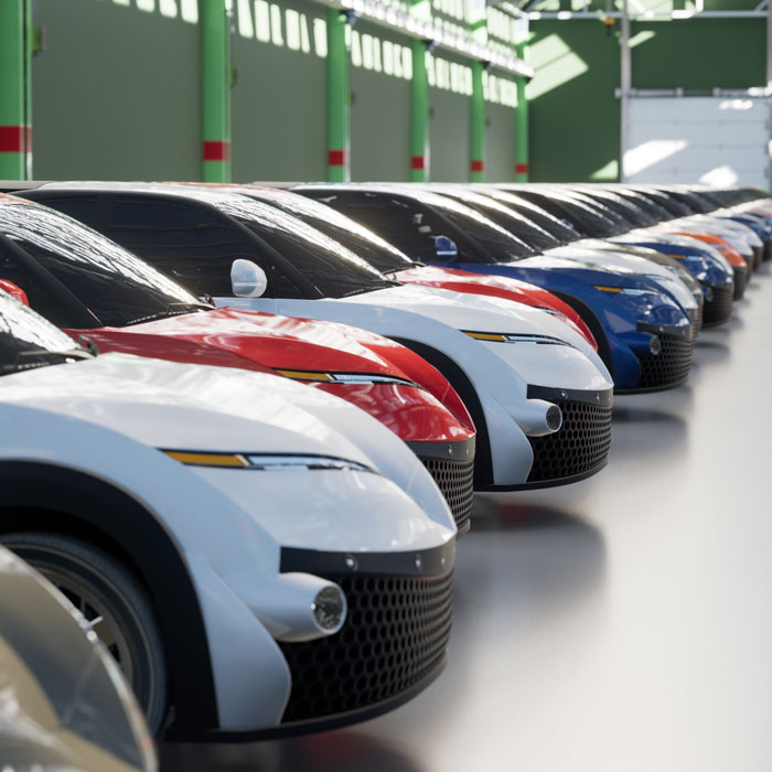 row of cars of the same model but different colors