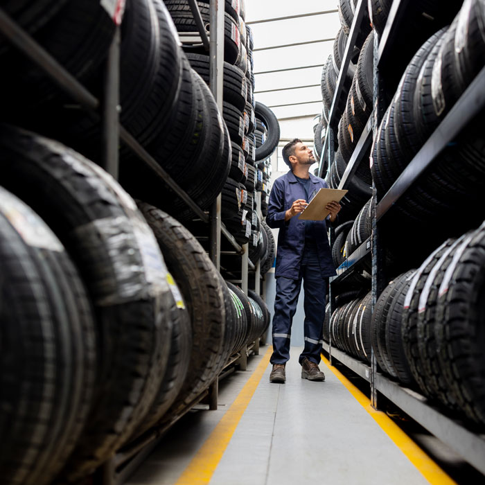 mechanic looking for tire in aisle of tire options