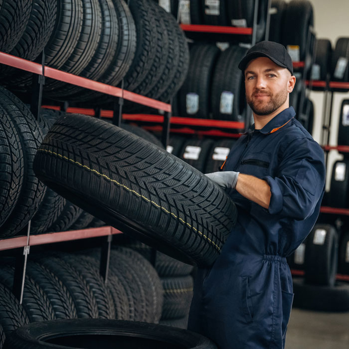 mechanic grabbing tire from shelf